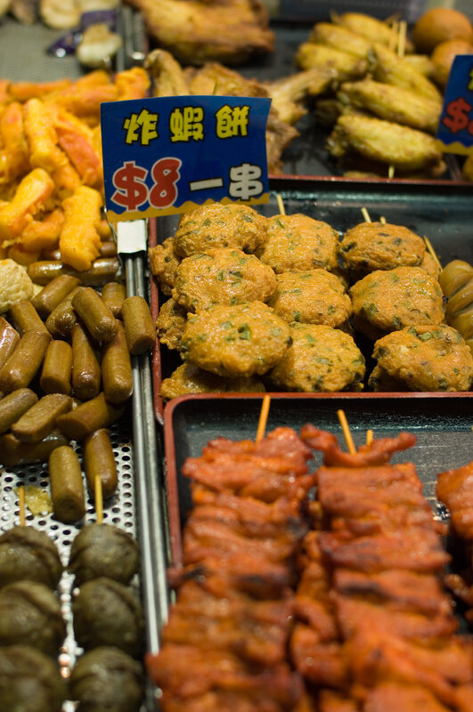 Street food skewers and snacks