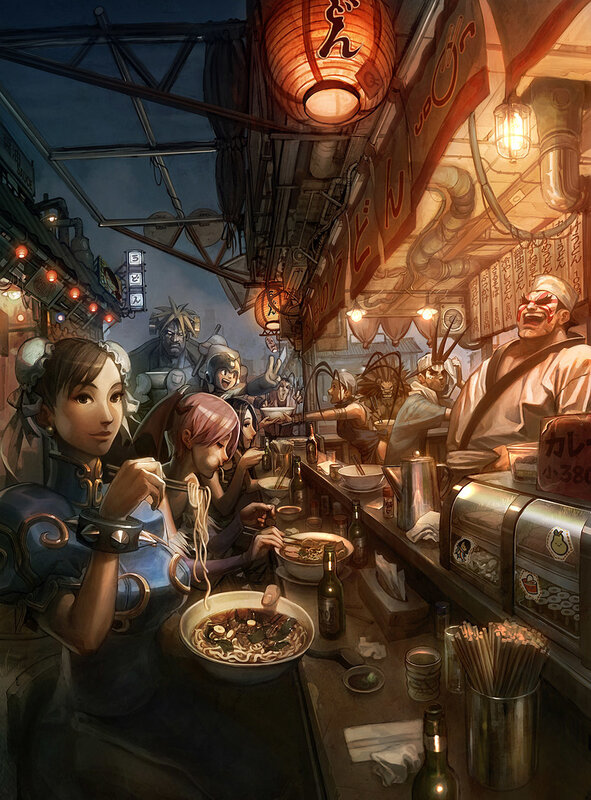 Street food stall with fighters