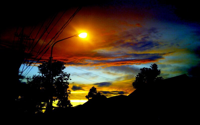 Street Lamp at Sunset — Orange, Dramatic, Photograph, Clouds