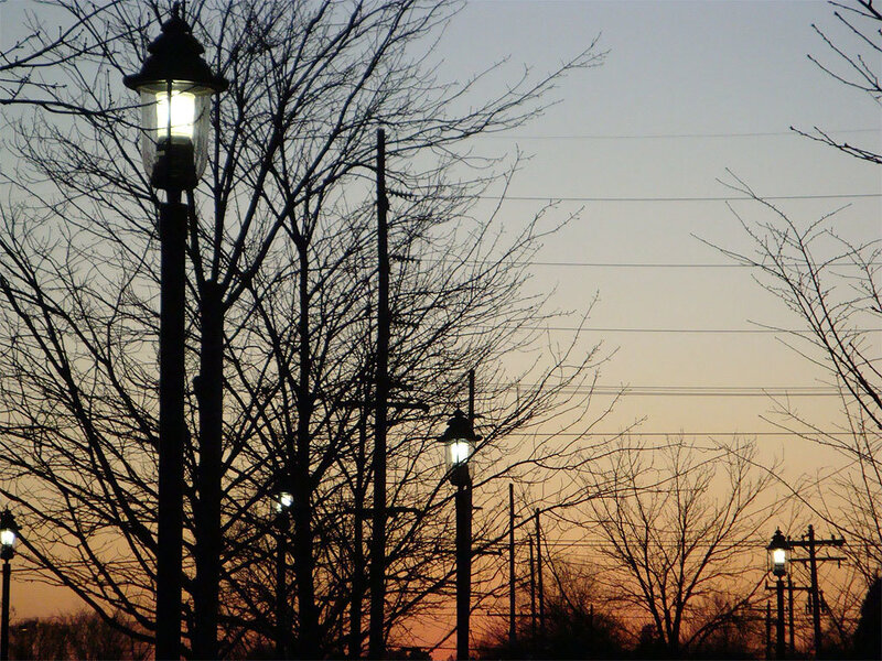 street lamps at dusk