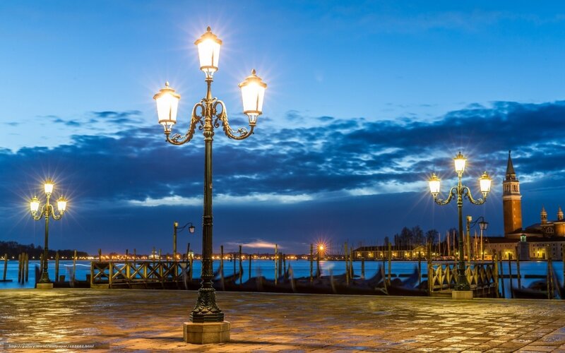 Street Lamps at Dusk — Blue, Serene, Night, Photograph