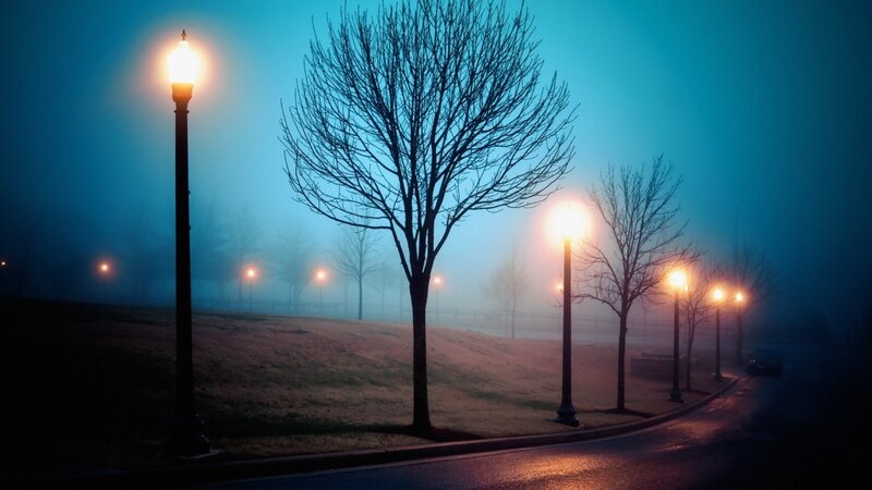 Street Lamps in Fog — Blue, Misty, Night