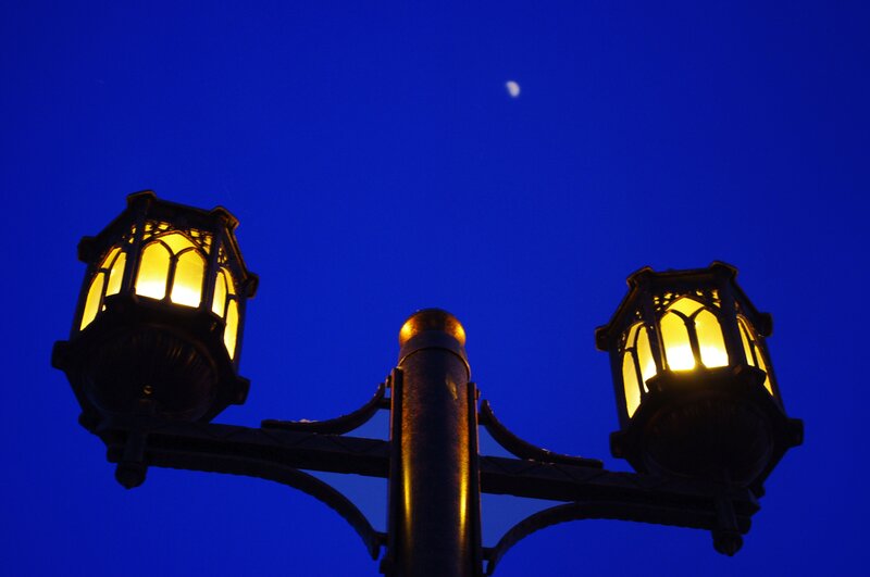 street lamps under moonlit sky