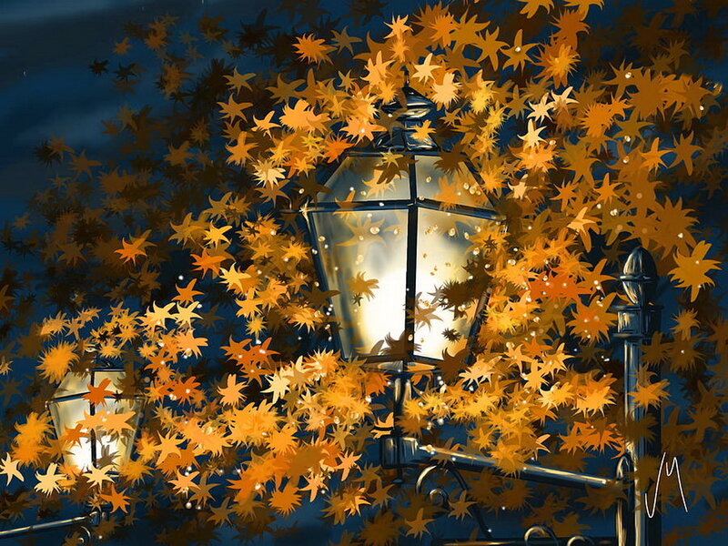 Street Lamps with Autumn Leaves