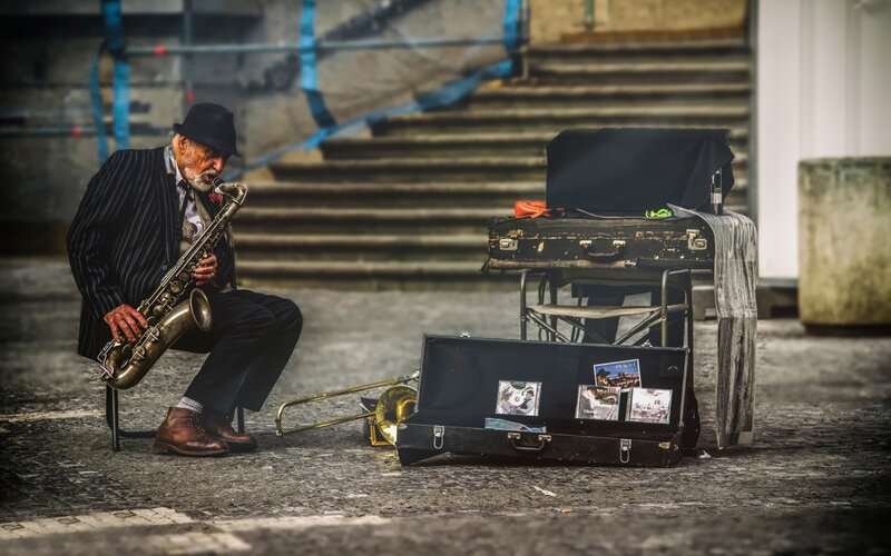 Street Musician Playing Saxophone — Black