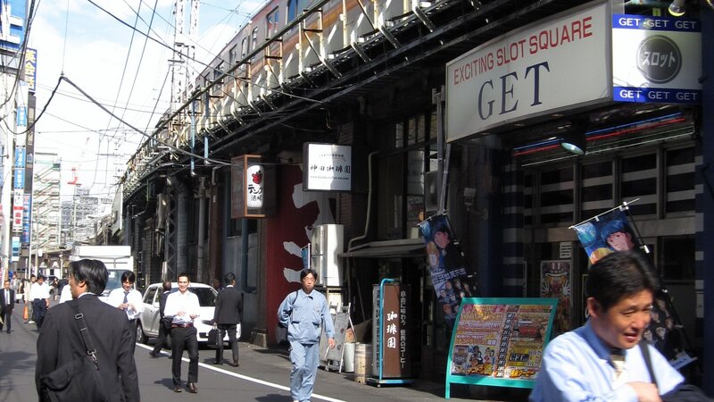 Street scene in Tokyo with train and shops