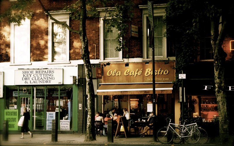 Street scene with café and shops