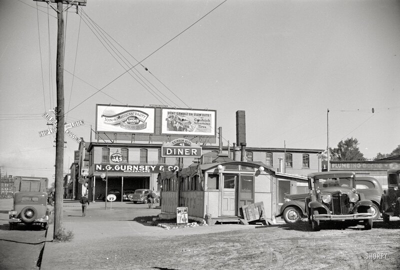 Street scene with diner and cars