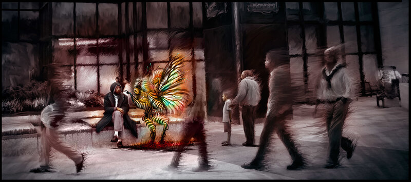 Street scene with glowing creature