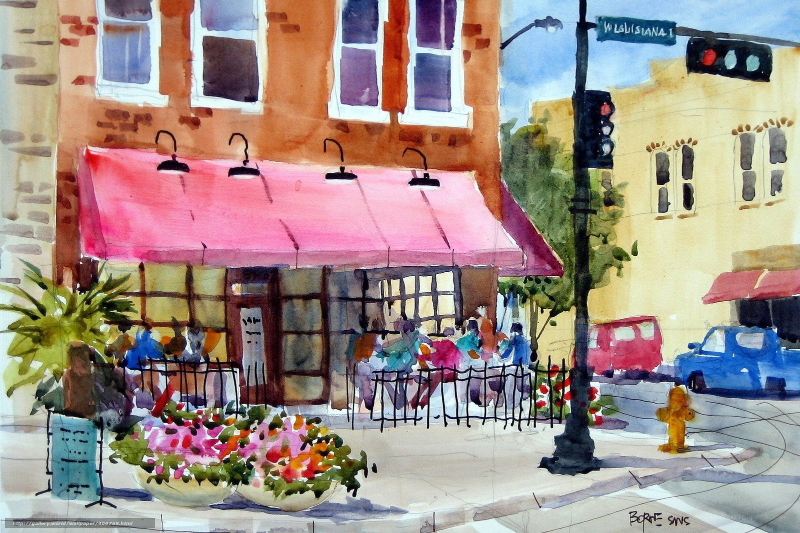 Street scene with pink awning