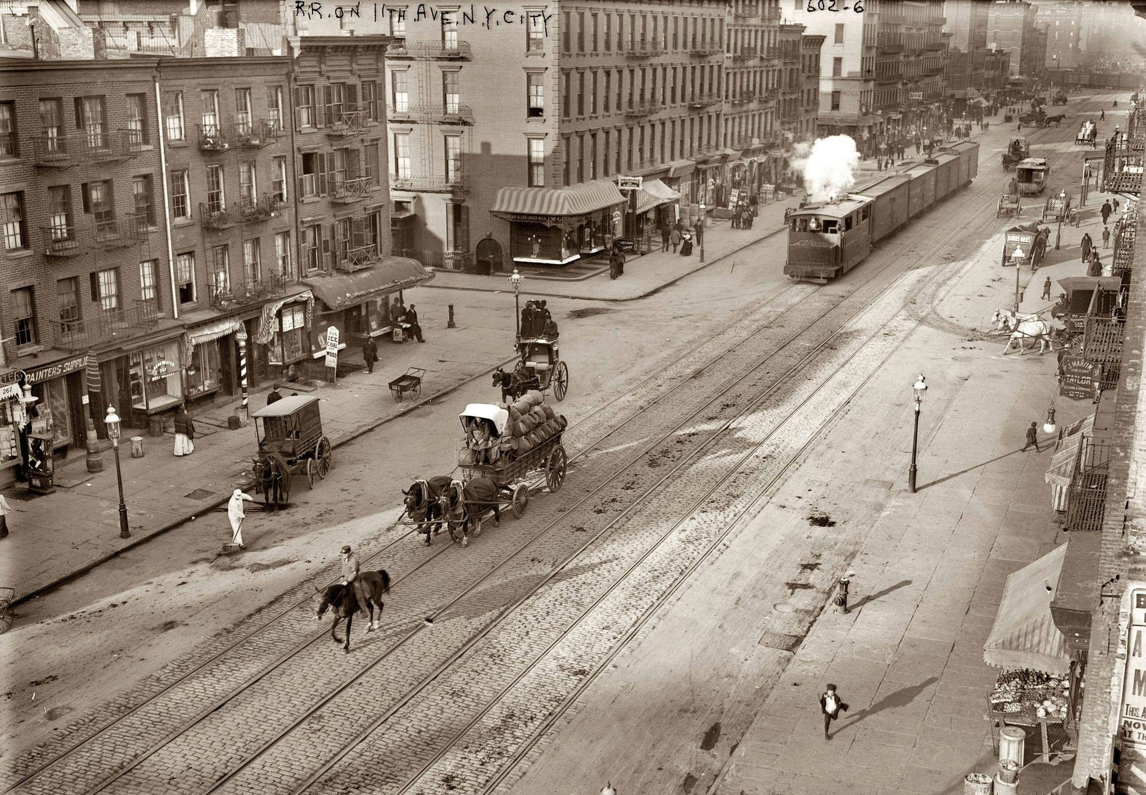 Street scene with steam train in NYC