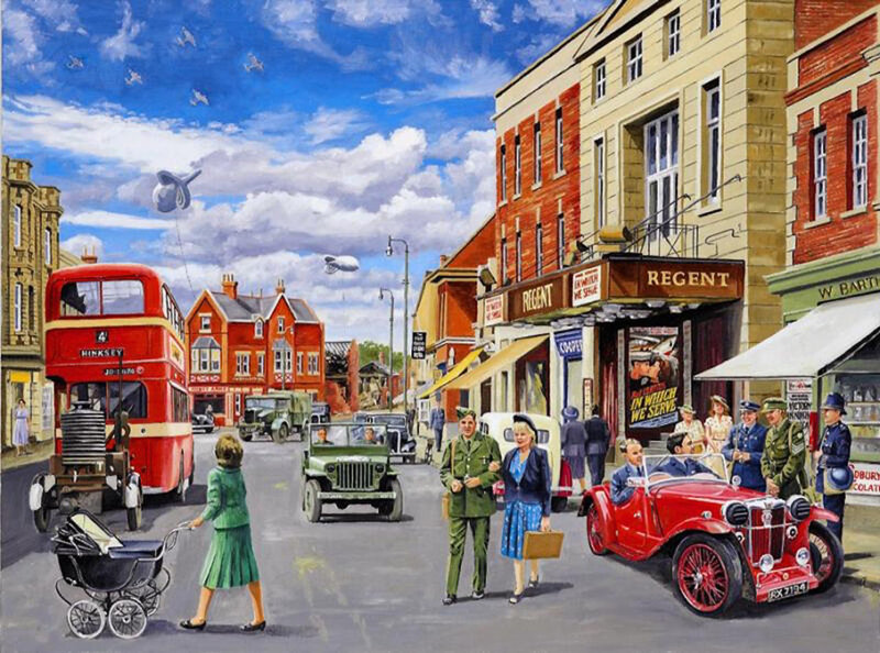 Street Scene with Vintage Cars — Red, Lively