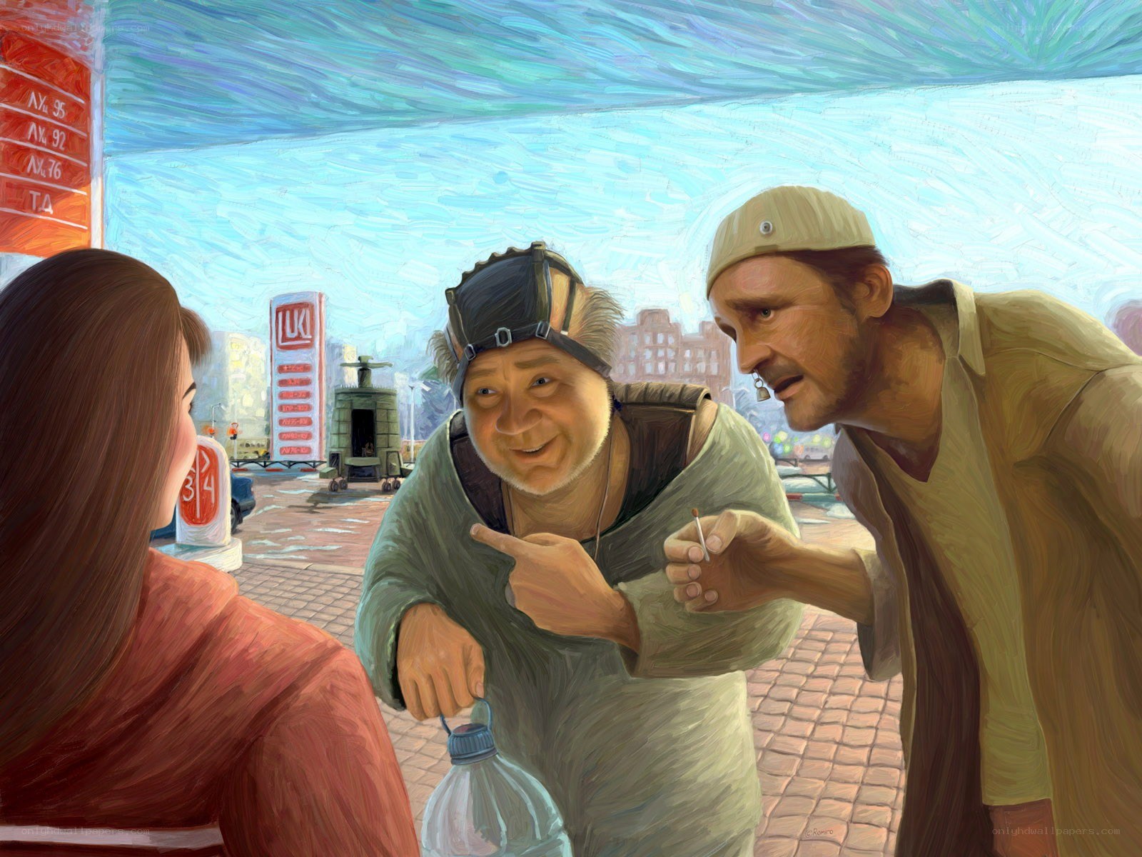 Street vendors interacting with a customer
