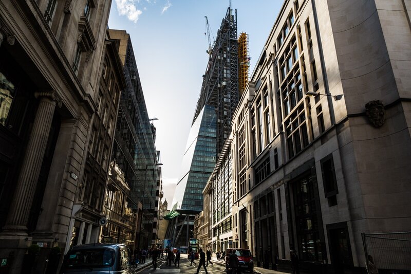 Street view of a skyscraper under construction