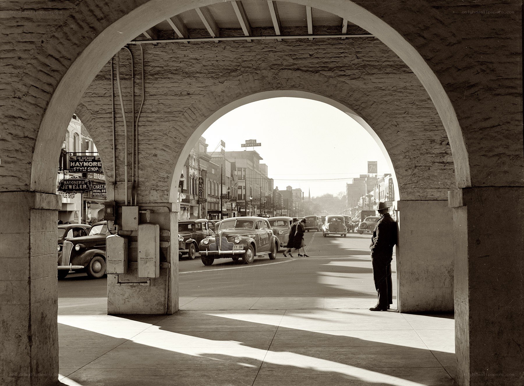 Street view through archway