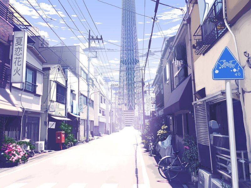 Street with Tower in Distance — Blue