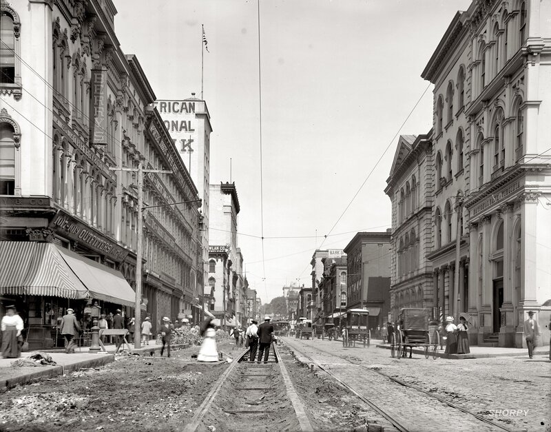 Street with trolley tracks in old city