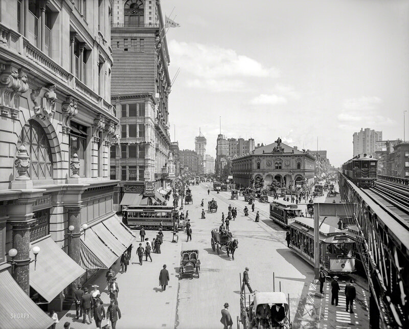 Street with Trolleys and Pedestrians