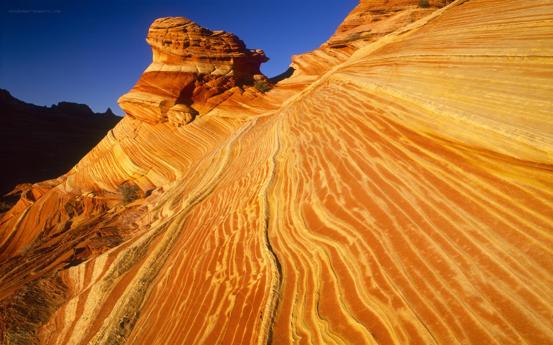 Striated rock formations in desert
