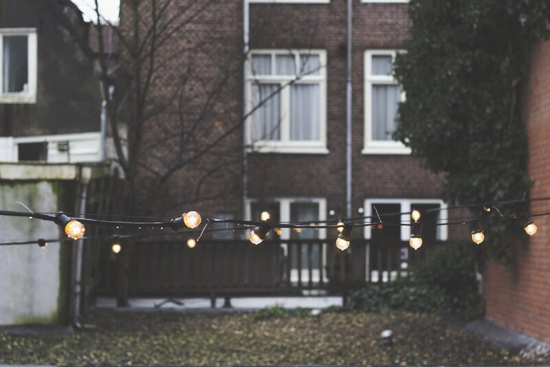 String lights in a backyard