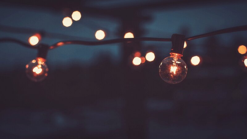 String of Light Bulbs — Blue, Calm, Night, Photograph, Light Bulbs