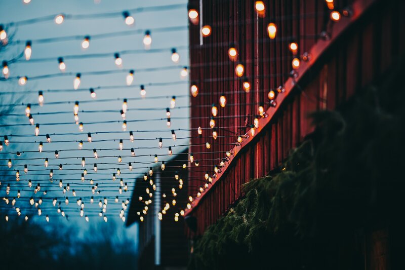 String of Lights on Building — Blue