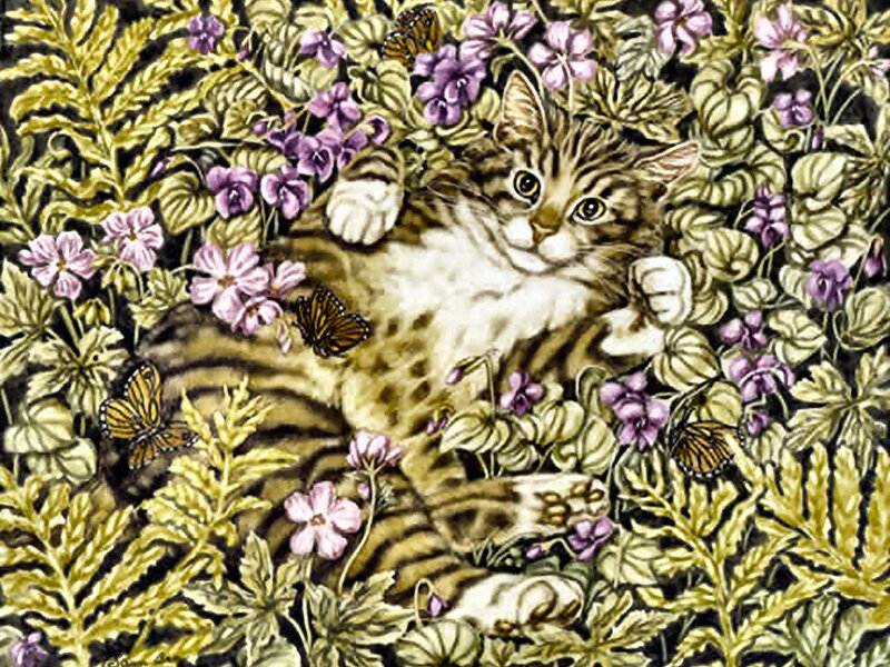Striped Cat in Flowers — Green