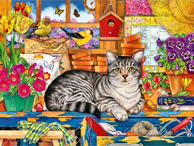 Striped Cat in Garden — Green, Cheerful