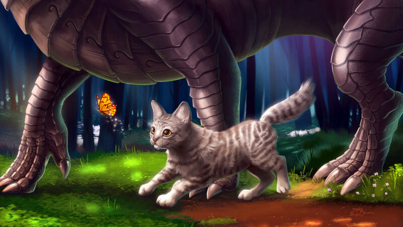 Striped Cat under Dinosaur
