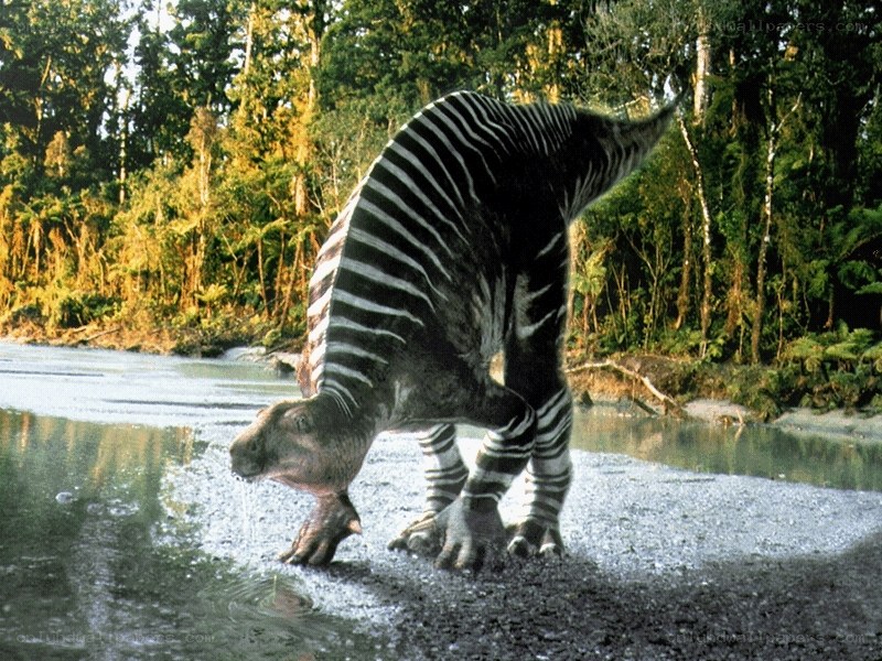 Striped dinosaur by a river