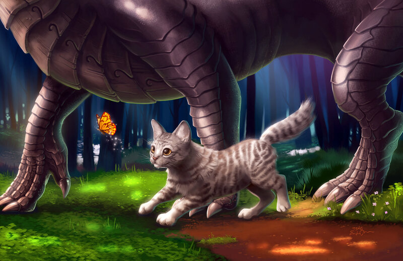 Striped Kitten under Dinosaur