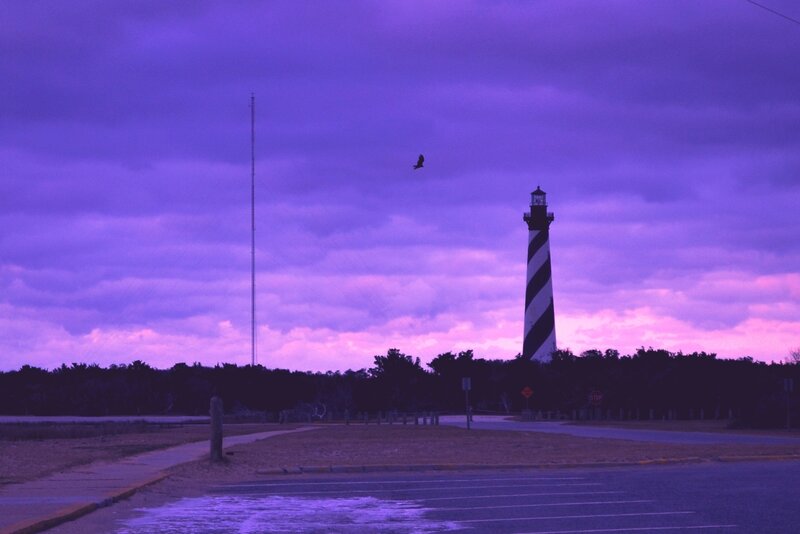 Striped Lighthouse at Dusk