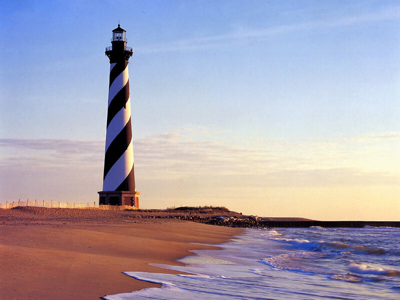 Striped Lighthouse on Beach — Blue