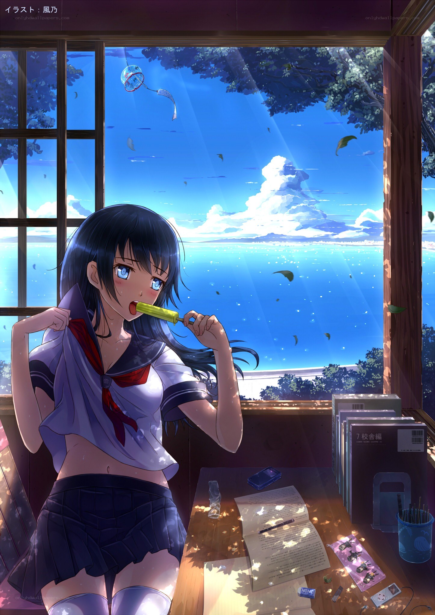 Student eating ice cream by window