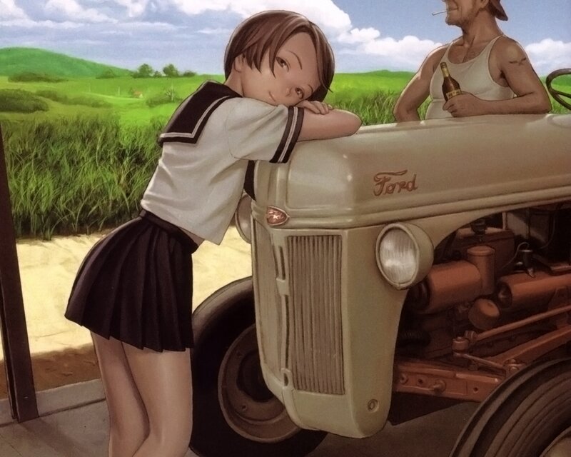 Student leaning on tractor