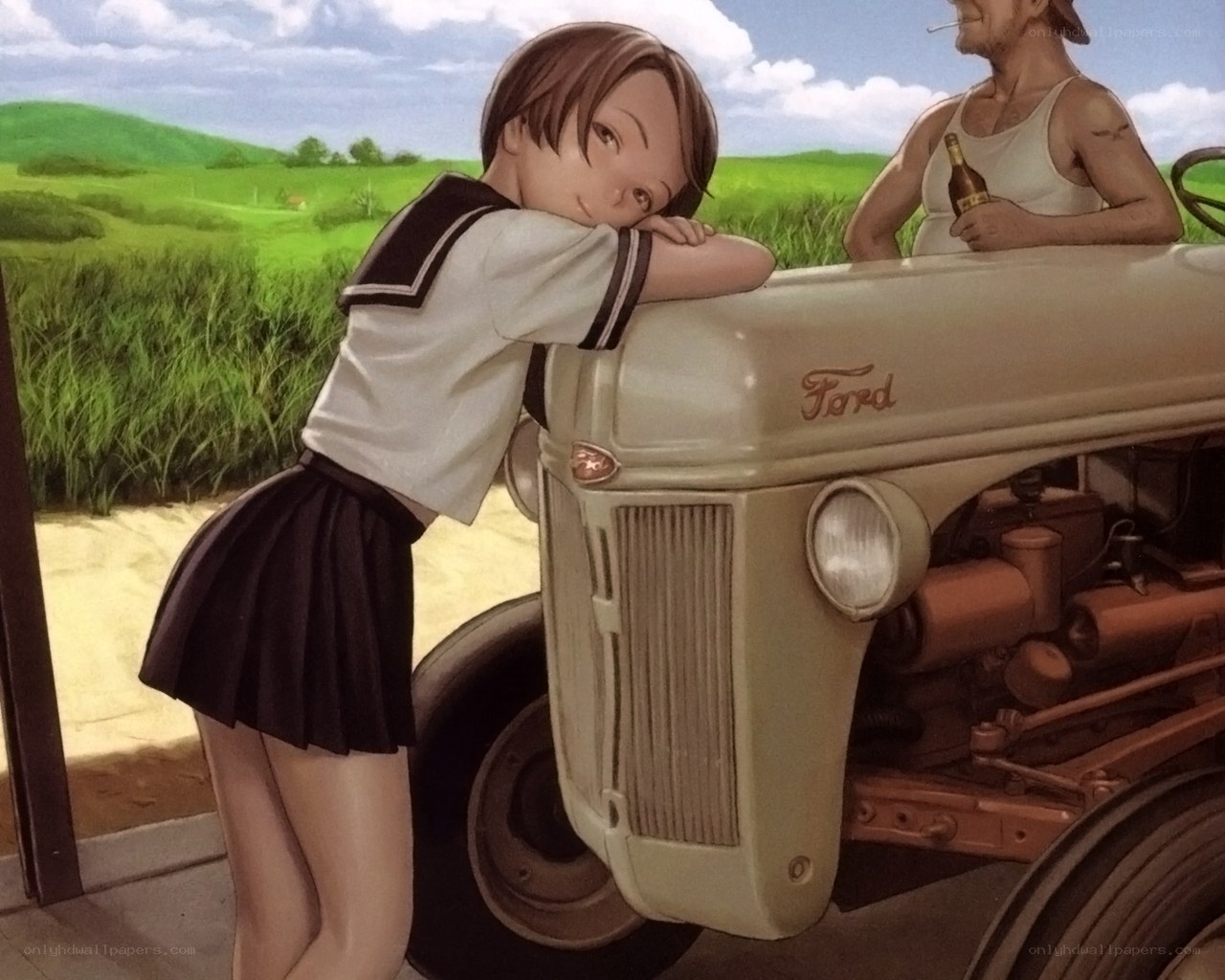 Student leaning on tractor