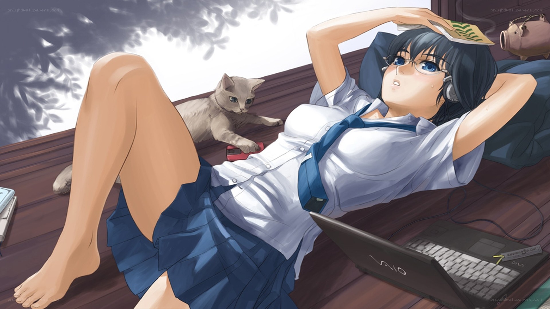 Student relaxing with cat