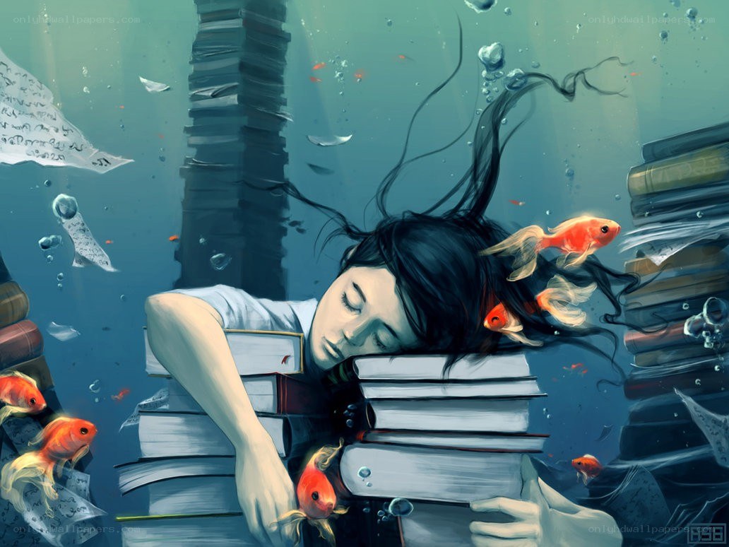 student sleeping underwater with books