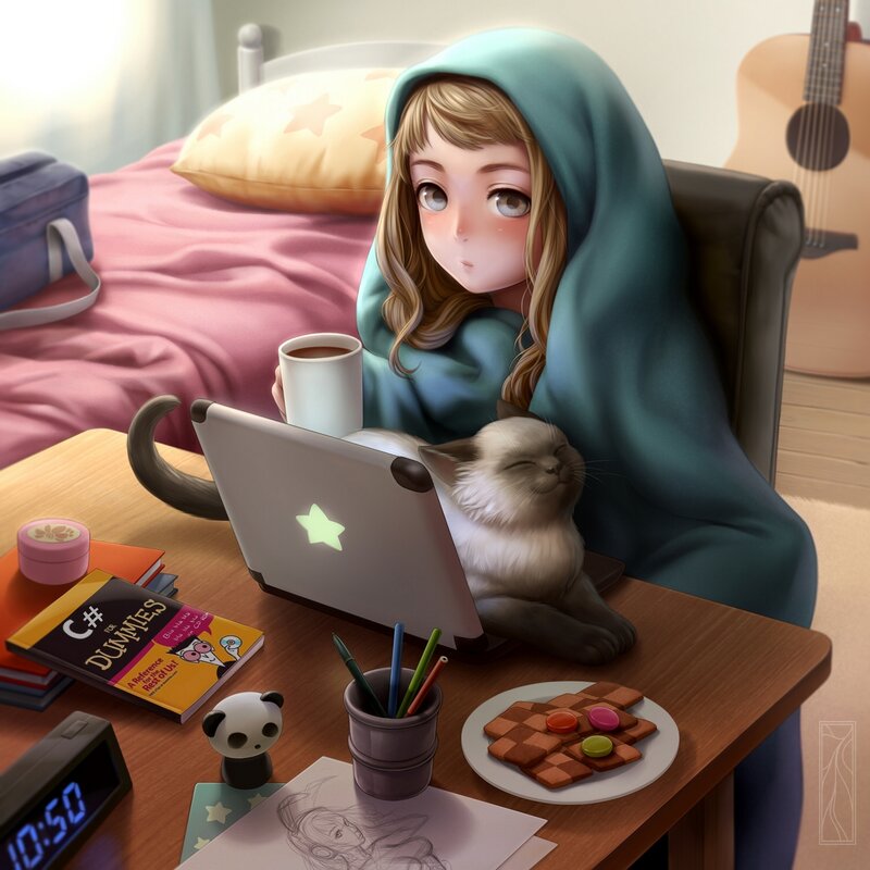 Student studying with cat