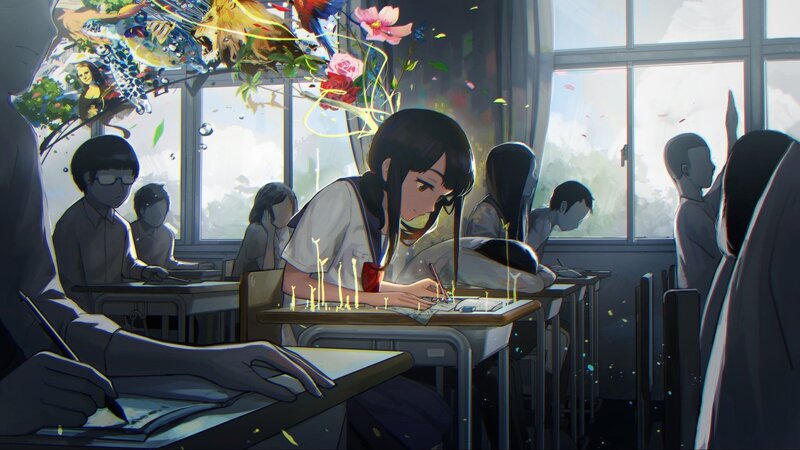 Student Writing in Classroom — Gray