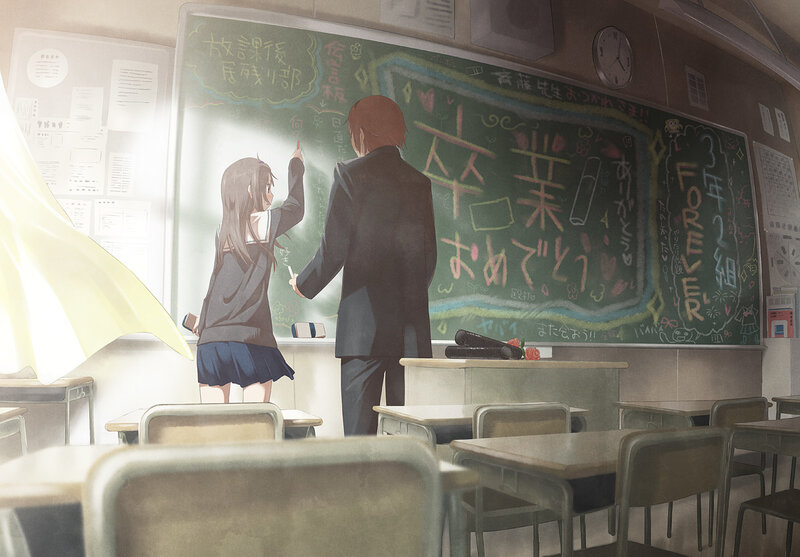 Student Writing on Chalkboard — Green
