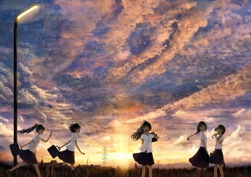 Students at sunset with starry sky