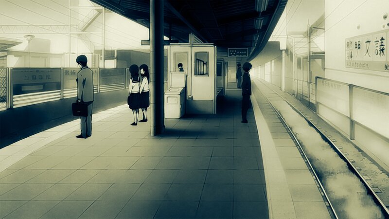 Students at Train Station — Gray