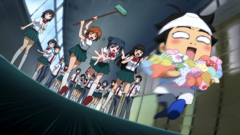 Students chase boy with broom