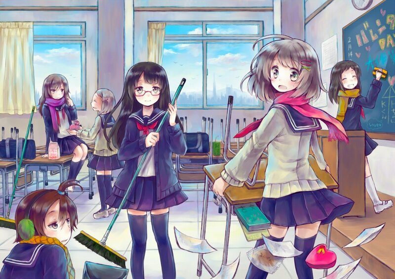 Students cleaning classroom