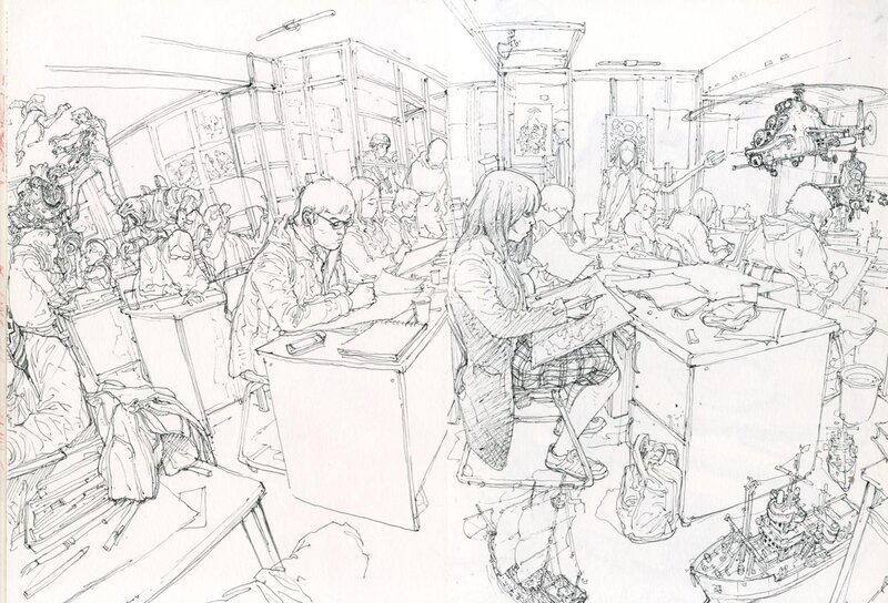 Students drawing in a classroom