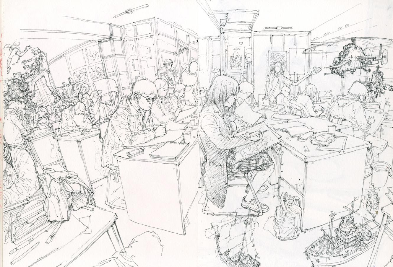Students drawing in a classroom
