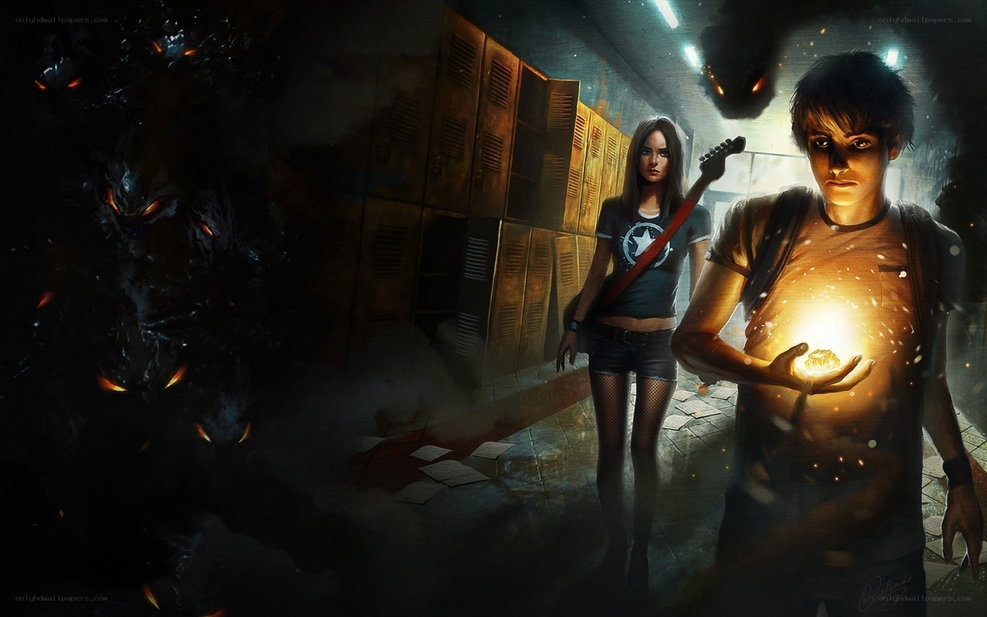 students face monsters in school hallway