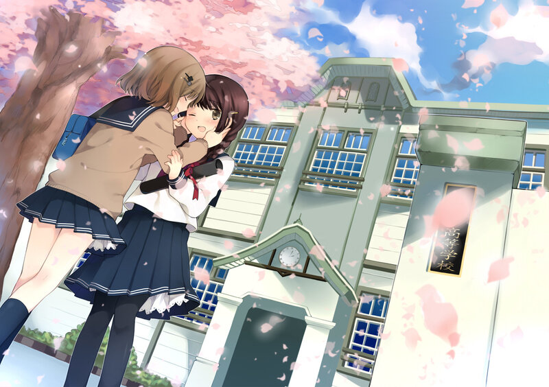 Students hugging under cherry blossoms