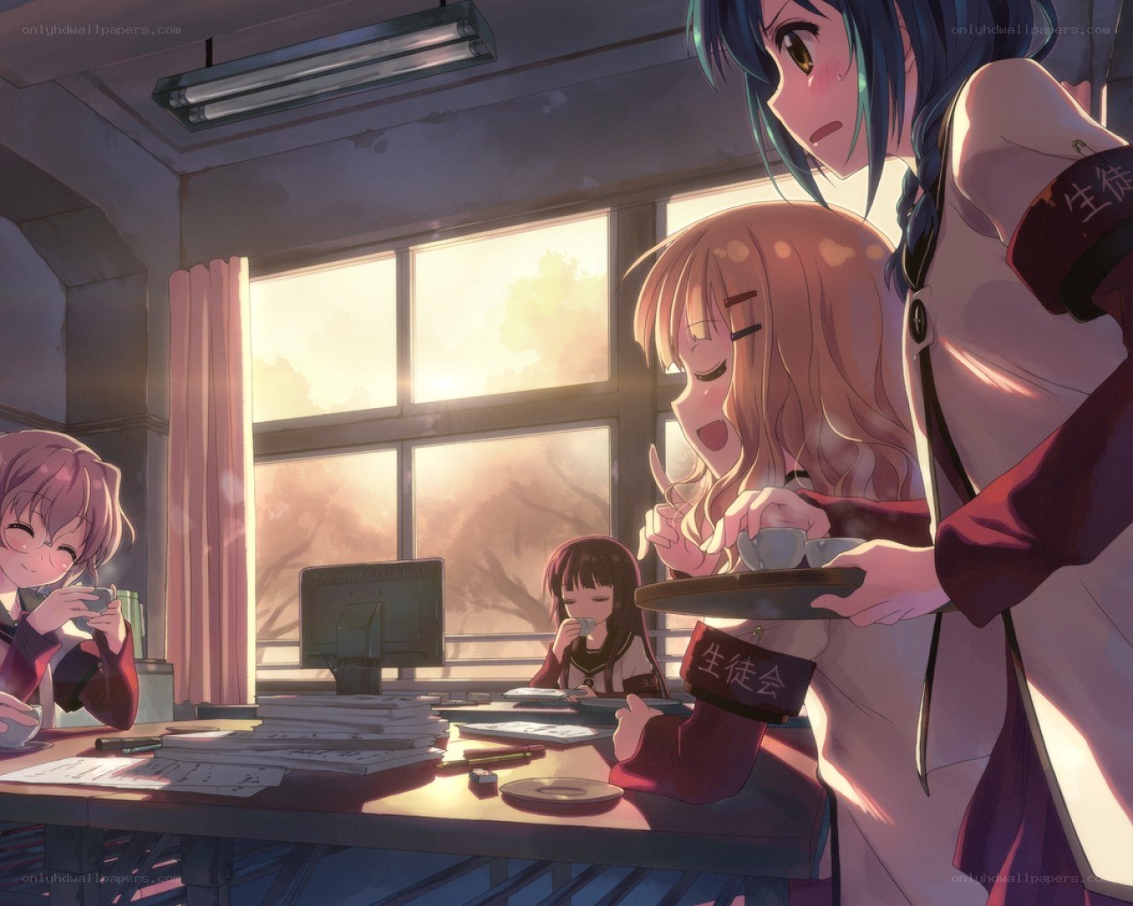 Students in a classroom at sunset